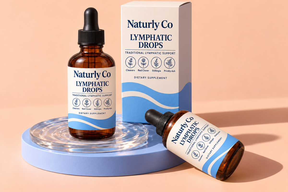 Naturly Co amber bottles and carton with botanical circle label details — packaging visualization