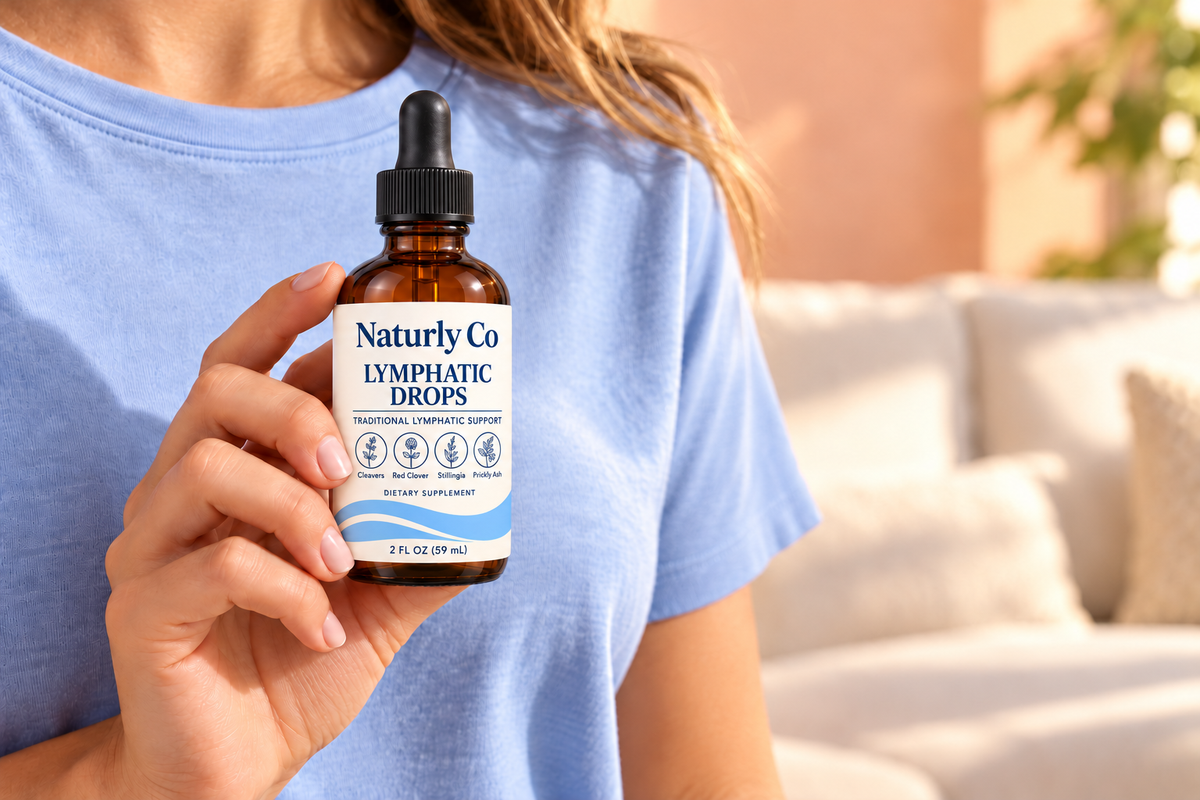 Naturly Co amber dropper bottle with botanical circle label details — illustrative lifestyle photo