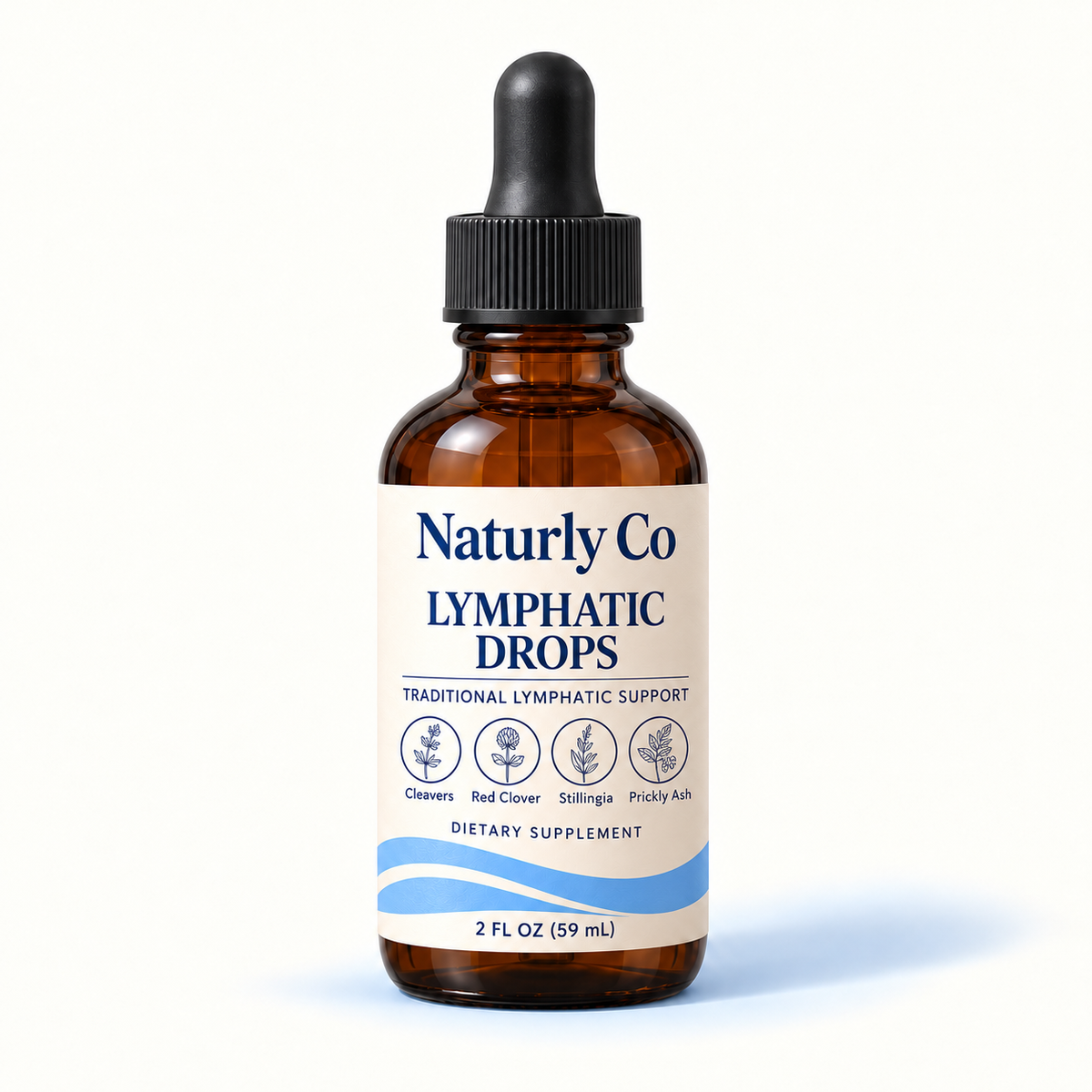 Naturly Co amber bottle with botanical circle details and Traditional Lymphatic Support label