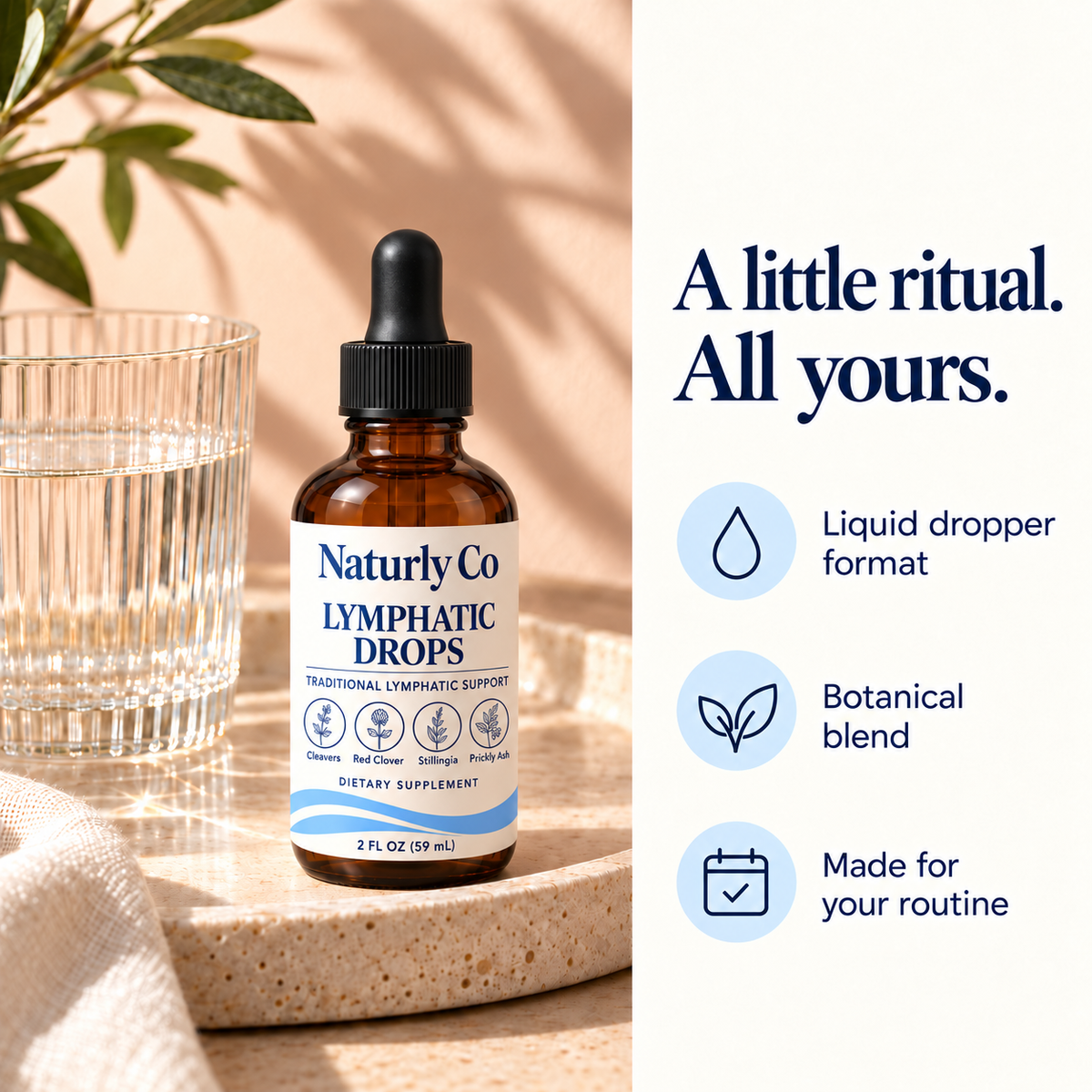 Naturly Co drops beside a glass of water — daily ritual concept