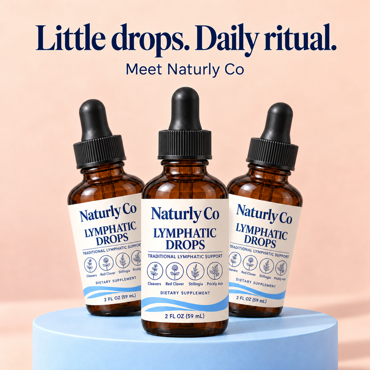 Three Naturly Co bottles on a blue podium — campaign concept