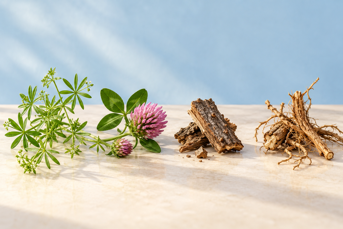 Illustrative botanical study of cleavers, red clover, prickly ash bark and stillingia root